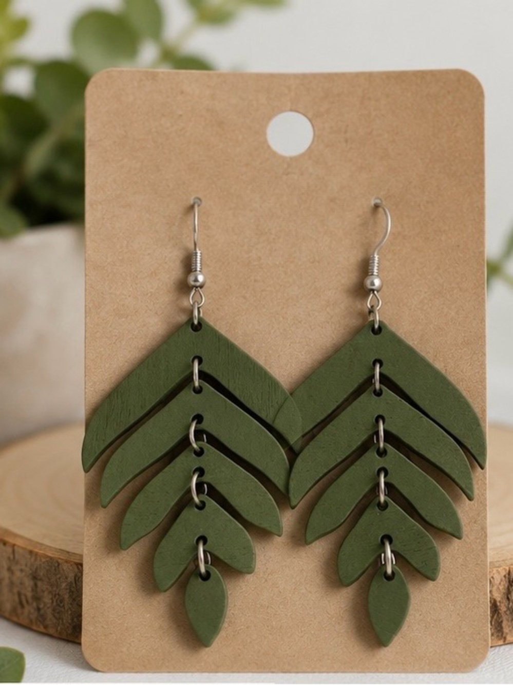 Layered Olive Green Leaf Dangle Earrings - Lightweight Women’s Jewelry